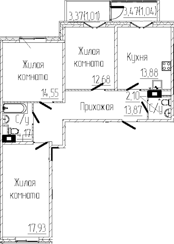 3-комнатная квартира 81.23 м², 5/8 эт., ЖК «SERTOLOVO PARK»